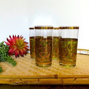 Vtg Baroque Green and 22K Gold Culver Highballers